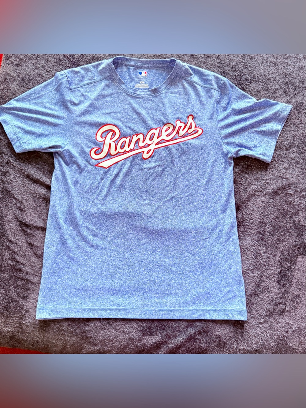 MLB Rangers Light Heather Blue Script Tee with Red Accent
